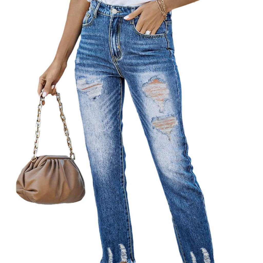 Ladies High-Waist Straight Jeans with Destroyed Details and Frayed Hem Fashion Glam