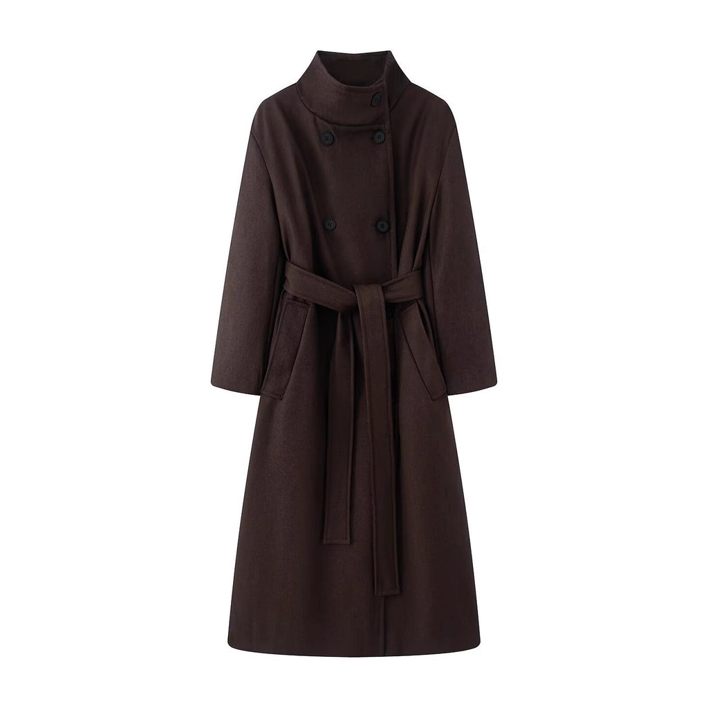 Women oversized wool blend coat with stand-up collar and tie belt Fashion Glam