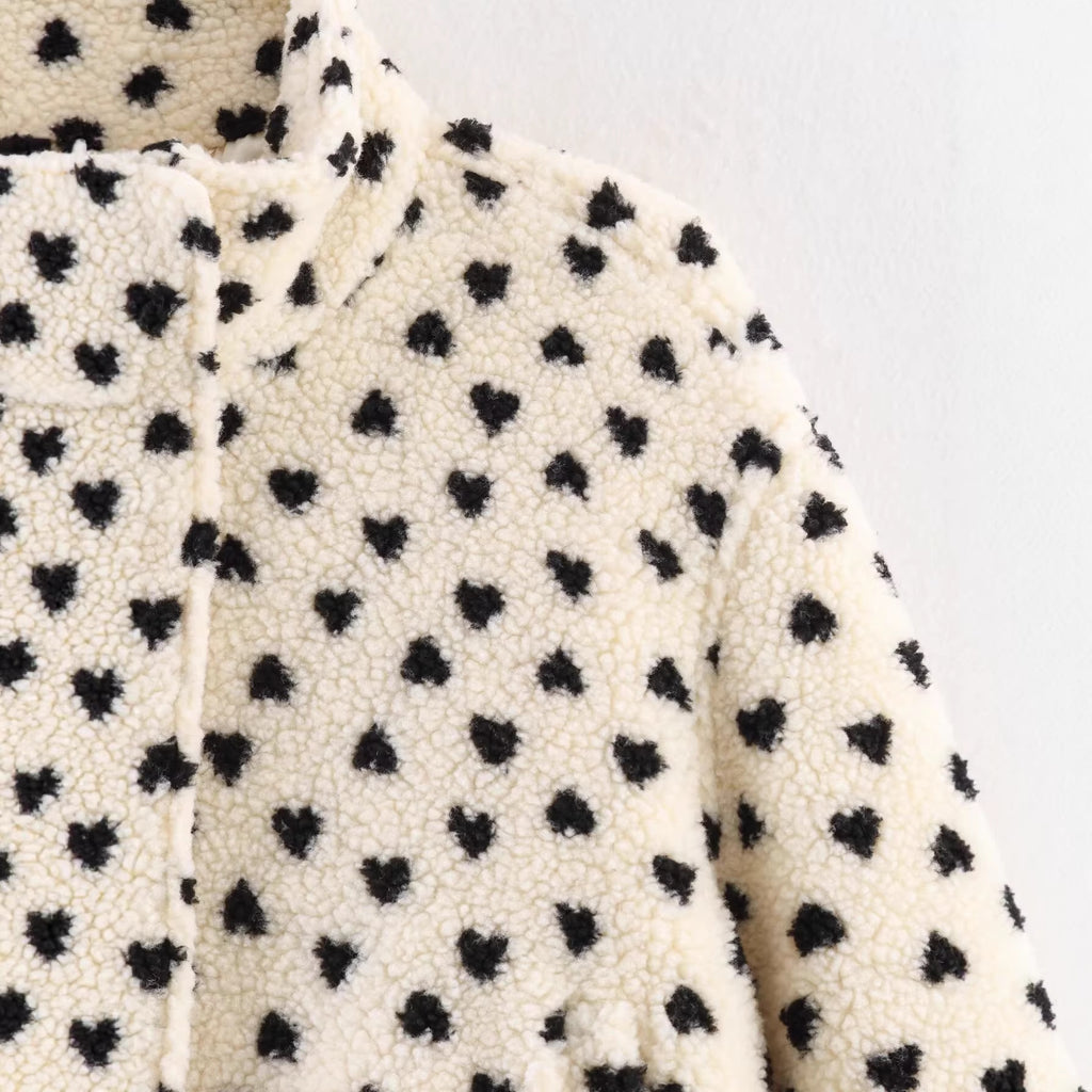 Women's Lined Teddy Jacket with Heart All-Over, Stand Collar and Drawstring Fashion Glam