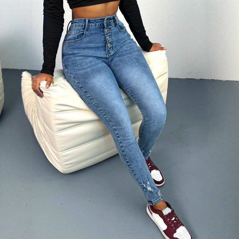 Women's high-waisted Sculpting Skinny Jeans with visible decorative button placket and ankle-length sculpting fit Fashion Glam