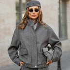 Women’s short jacket made of wool blend in utility look with stand-up collar, flap pockets, and elastic hem Fashion Glam
