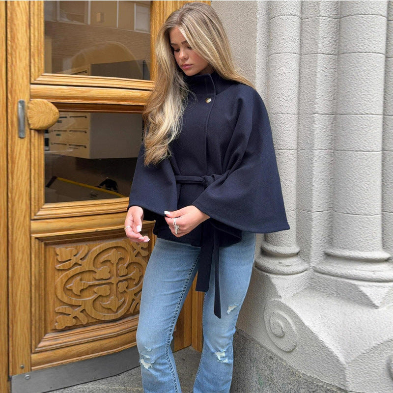 Women's short cape made of wool blend with asymmetric stand-up collar and waist tie belt Fashion Glam