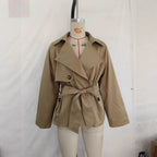 Women Cropped Waist Belt Trench Coat with Wide Lapels and Flap Pockets Fashion Glam