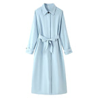 Ladies longer tailored trench coat with tie belt and shirt collar Fashion Glam