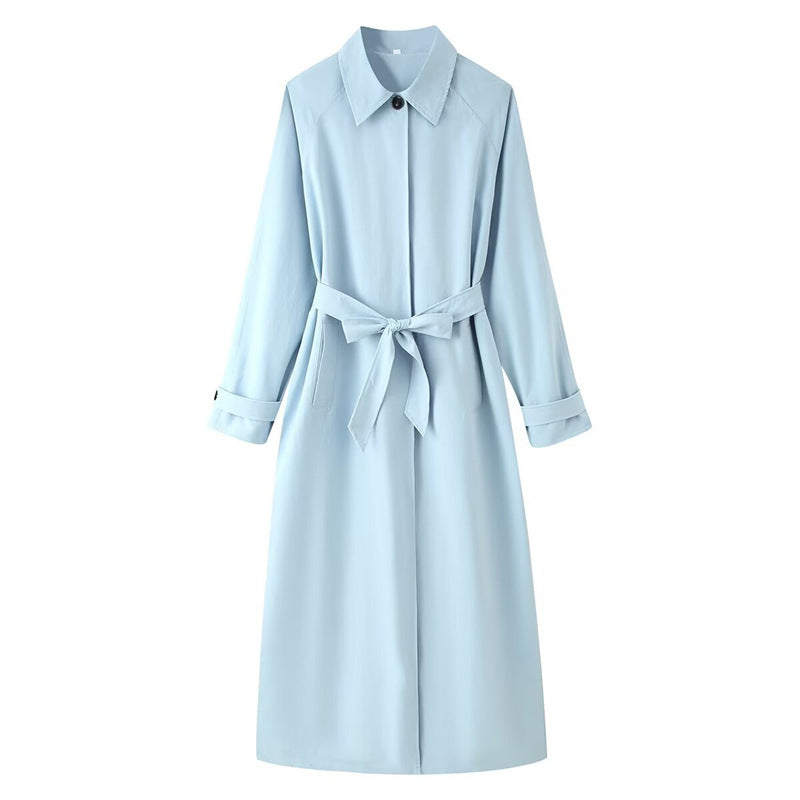 Ladies longer tailored trench coat with tie belt and shirt collar Fashion Glam