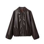 Women's short-cut oversized blouse jacket made of vegan leather with shirt collar and elastic hem Fashion Glam