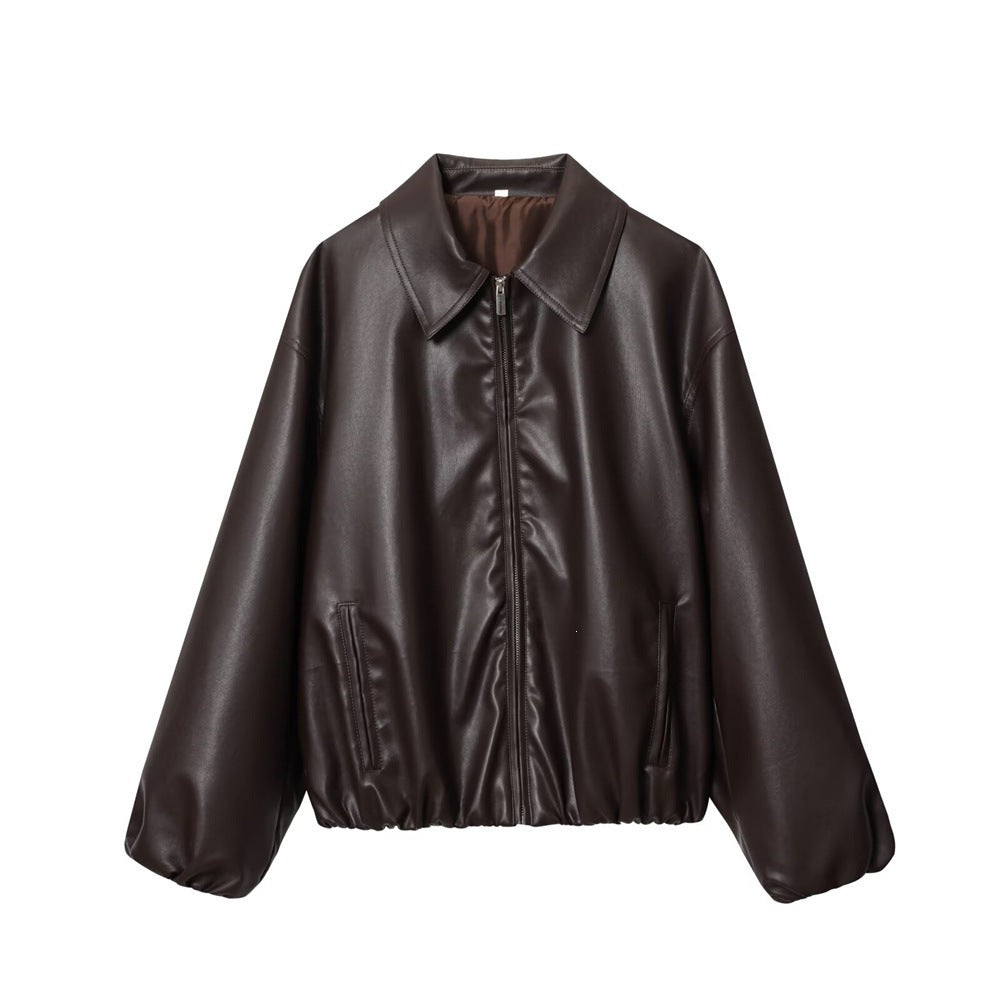 Women's short-cut oversized blouse jacket made of vegan leather with shirt collar and elastic hem Fashion Glam