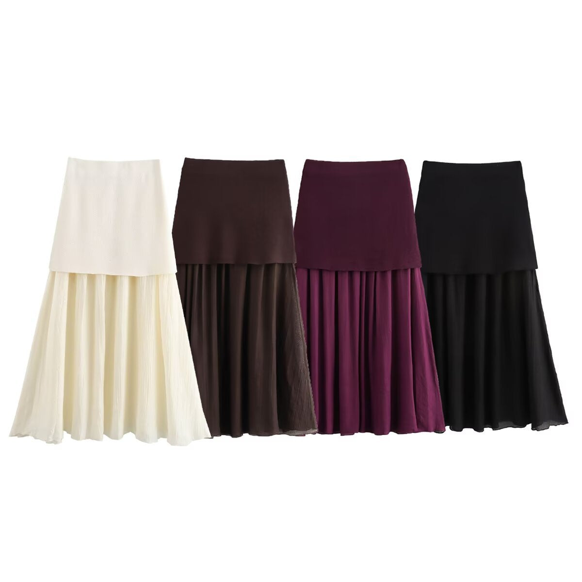 Women's Double-Layer Pleated Maxi Skirt with High Waist Fashion Glam