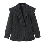 Women Double-breasted Oversized Blazer with Pinstripes and Distinctive Shoulder Pads Fashion Glam