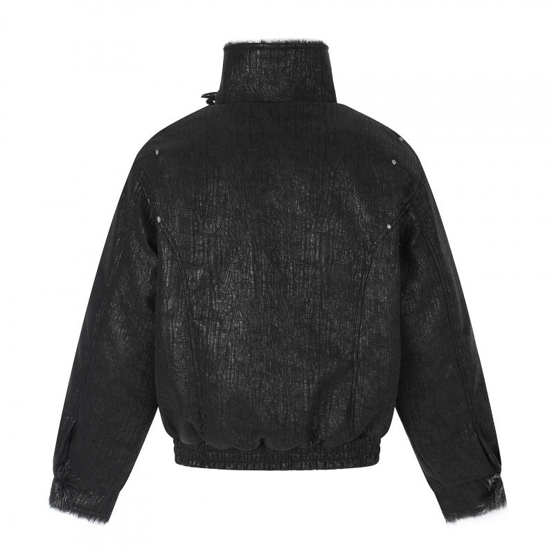 Men's Short Biker-Inspired Faux Leather Bomber Jacket with Studs, Double Buckle Collar and Teddy Lining Fashion Glam