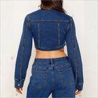 Women's Cropped Denim Hoodie with Zipper and High-Waist Midi Skirt with Front Slit Fashion Glam