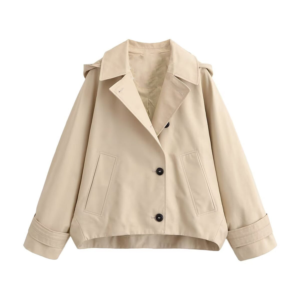 Women Short Oversized Trench Coat with Lapel Collar and Epaulettes Fashion Glam