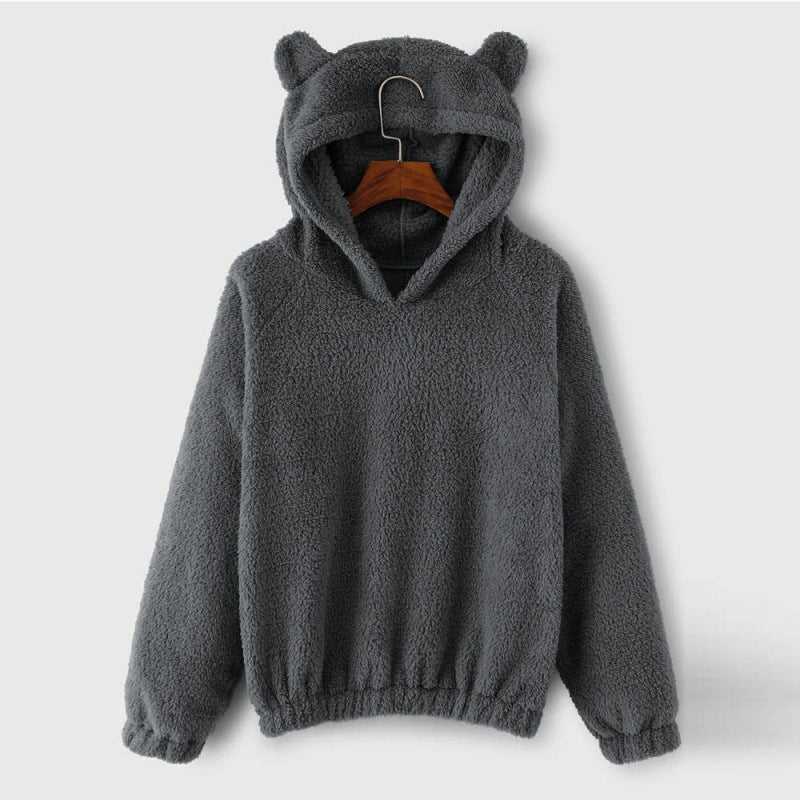 Women's Cozy Teddy Hooded Sweater with Bear Ears and Drawstring Hem Fashion Glam