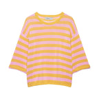 Women's Striped Oversized Knit Sweater with Wide Three-Quarter Sleeves and Round Neckline Fashion Glam