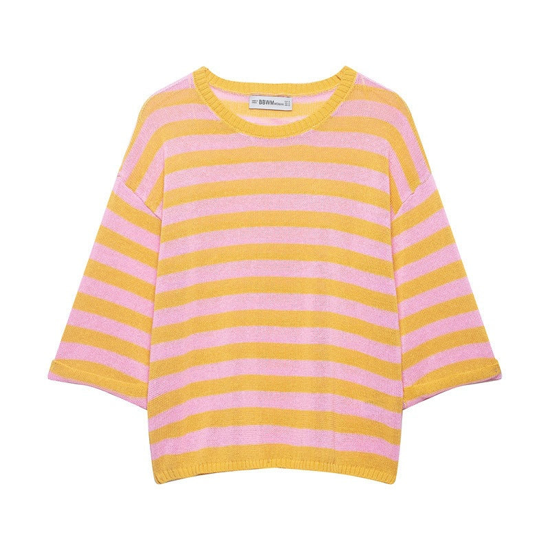 Women's Striped Oversized Knit Sweater with Wide Three-Quarter Sleeves and Round Neckline Fashion Glam