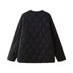 Women geometric quilted oversized liner jacket without collar Fashion Glam