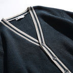 Unisex Oversize Knit Cardigan with Contrast Stripes, V-Neck and Patch Pockets Fashion Glam