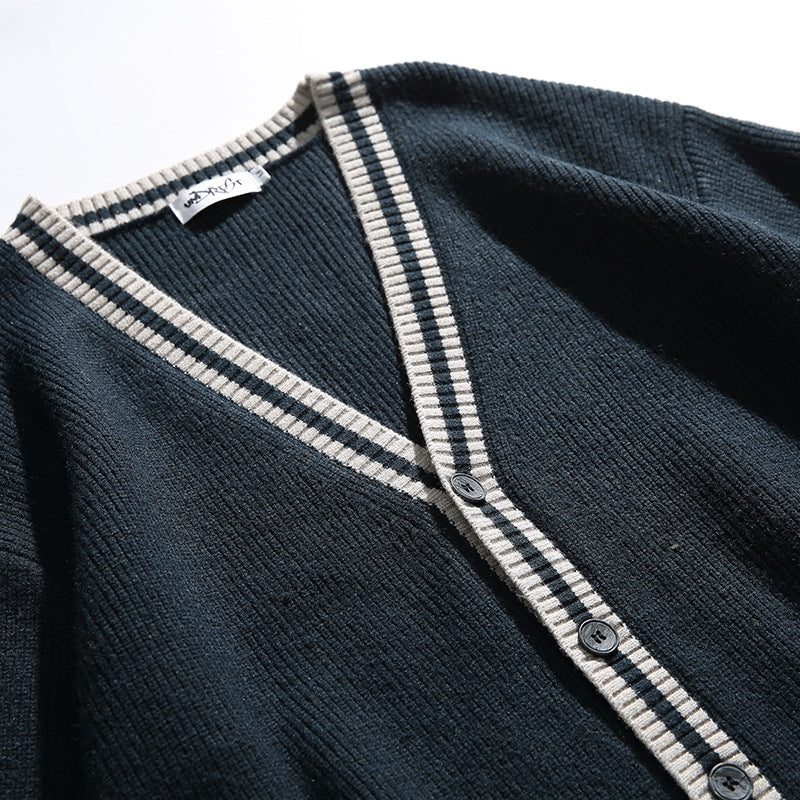 Unisex Oversize Knit Cardigan with Contrast Stripes, V-Neck and Patch Pockets Fashion Glam