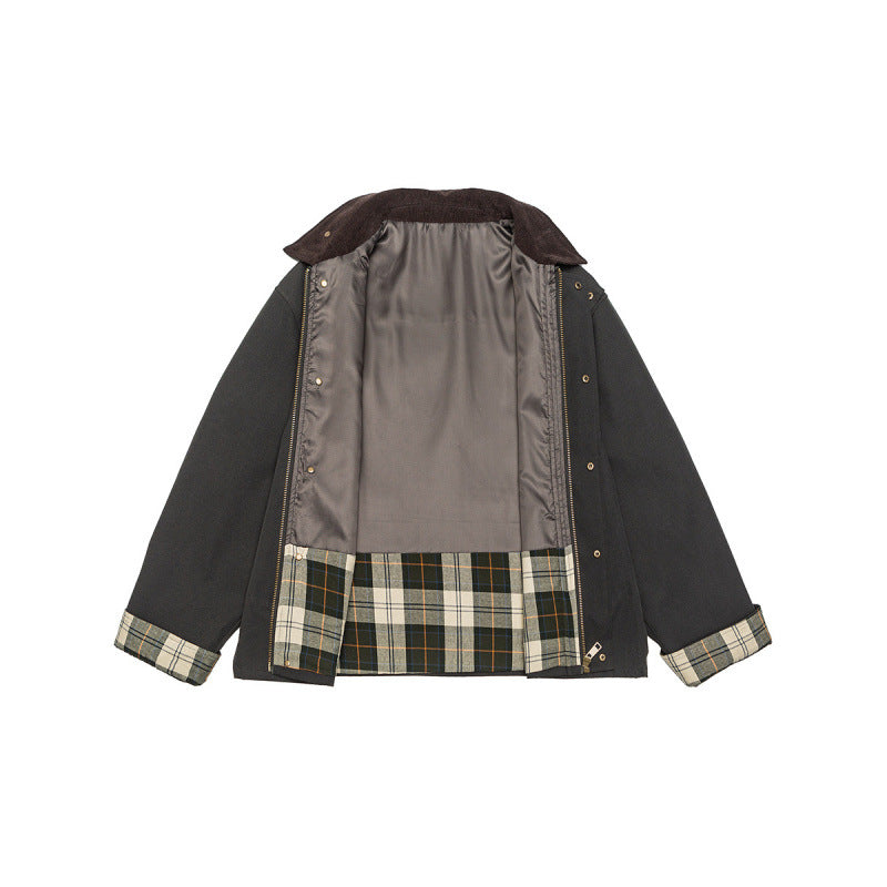 Men's Short Boxy Work Jacket made of sturdy canvas with cord collar and concealed snap button placket Fashion Glam