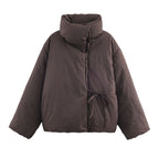 Women's Oversized Quilted Jacket with High Stand Collar and Waist Belt Fashion Glam