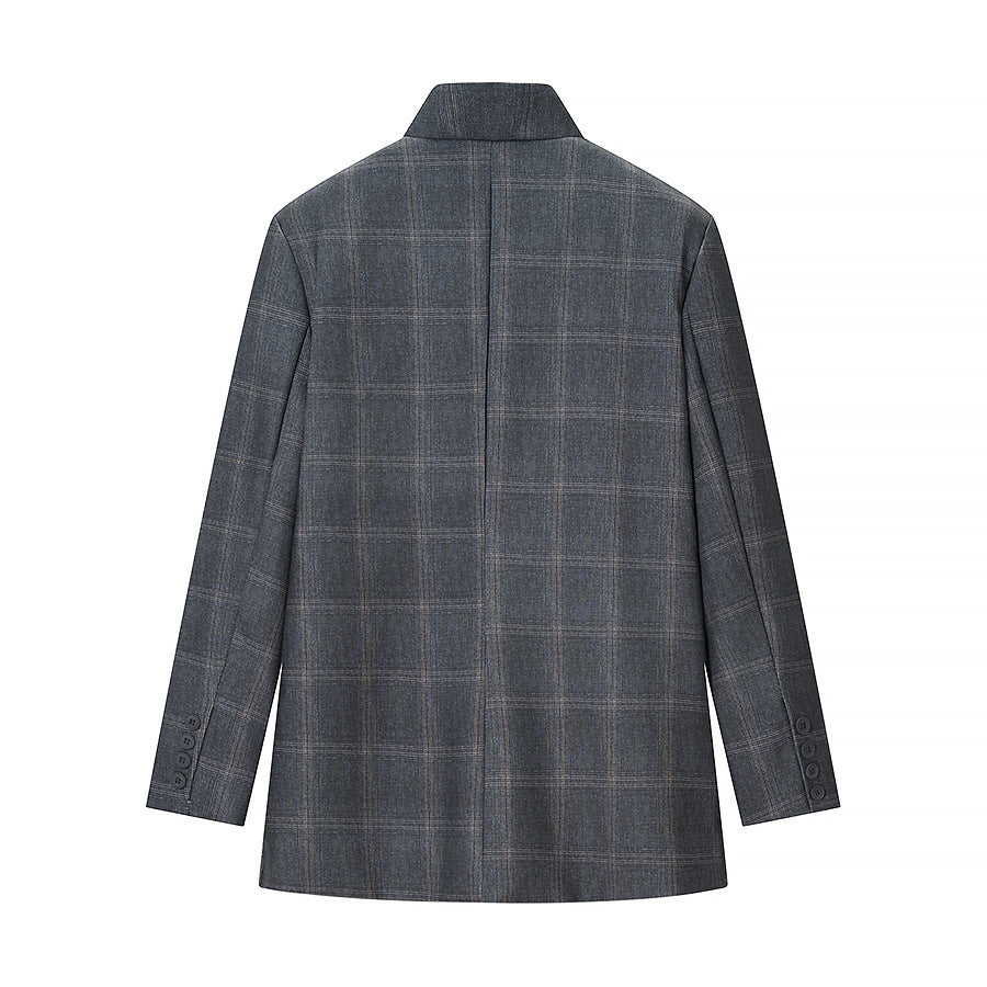 Men's Asymmetrical Stand Collar Blazer with Check Pattern and Hidden Button Placket Fashion Glam