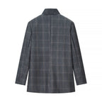 Men's Asymmetrical Stand Collar Blazer with Check Pattern and Hidden Button Placket Fashion Glam