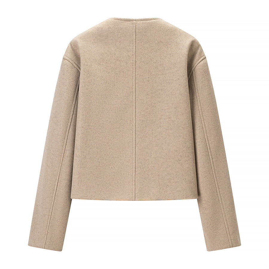 Women's short-cut boxy wool blend blazer with asymmetrical button placket Fashion Glam