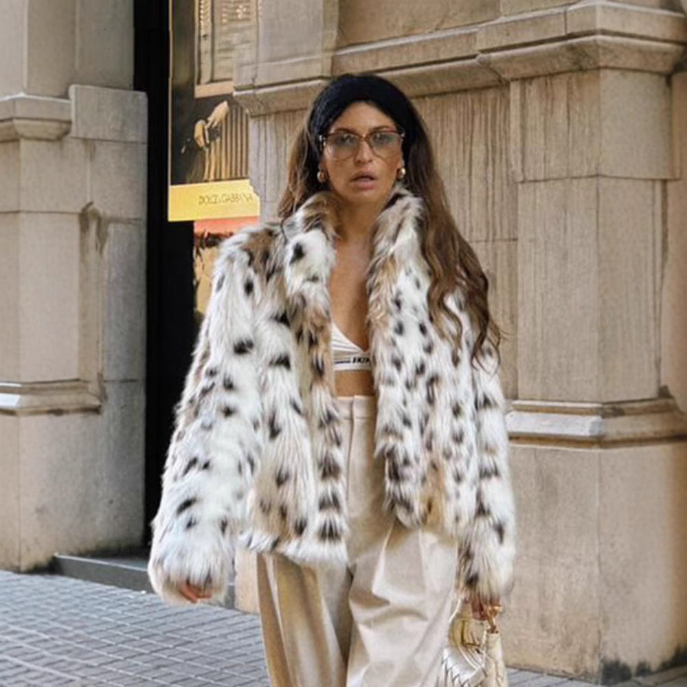 Women Cropped Faux Fur Jacket in Spot Pattern with Boxy Silhouette and Extra Soft High Pile Fashion Glam