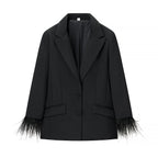 Women's Tailored Suit with Feather Cuffs and Straight-Leg Trousers Fashion Glam