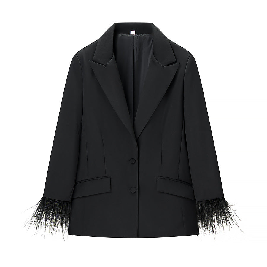Women's Tailored Suit with Feather Cuffs and Straight-Leg Trousers Fashion Glam