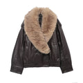Women's Cropped Leather Jacket with voluminous Fur Collar and Waist Smock Fashion Glam