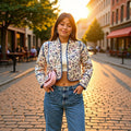 Ladies Short Quilted Bomber Jacket with Floral Jacquard and Contrast Piping Fashion Glam