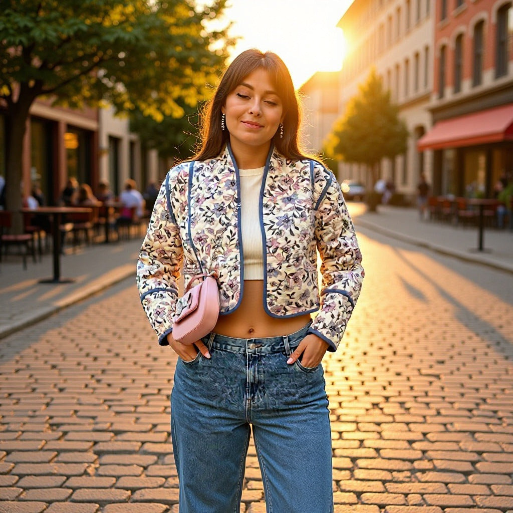 Ladies Short Quilted Bomber Jacket with Floral Jacquard and Contrast Piping Fashion Glam