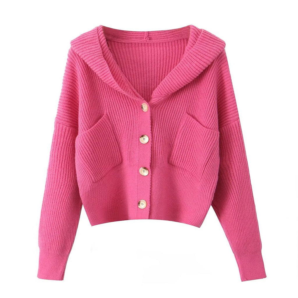 Women's Short Ribbed Knit Cardigan with Wide Hood Collar and Patch Pockets Fashion Glam