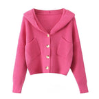 Women's Short Ribbed Knit Cardigan with Wide Hood Collar and Patch Pockets Fashion Glam