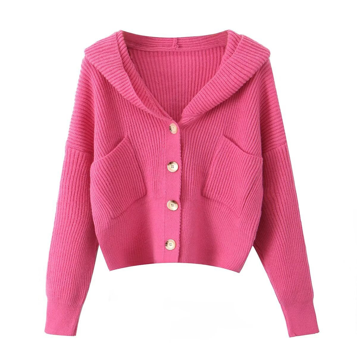 Women's Short Ribbed Knit Cardigan with Wide Hood Collar and Patch Pockets Fashion Glam