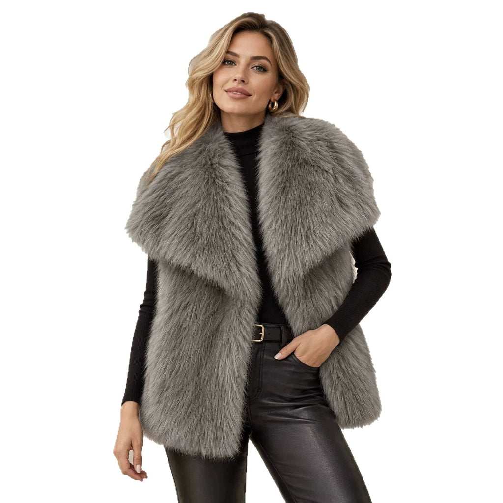Women Sleeveless High-Pile Faux Fur Vest with Voluminous Shawl Collar and Slip Pockets Fashion Glam