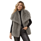 Women Sleeveless High-Pile Faux Fur Vest with Voluminous Shawl Collar and Slip Pockets Fashion Glam