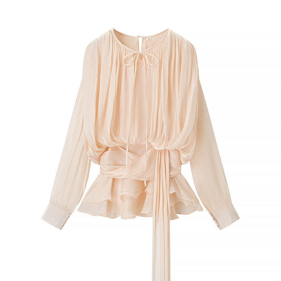 Women's chiffon blouse with gathered waist, wrap belt and ruffle hem Fashion Glam