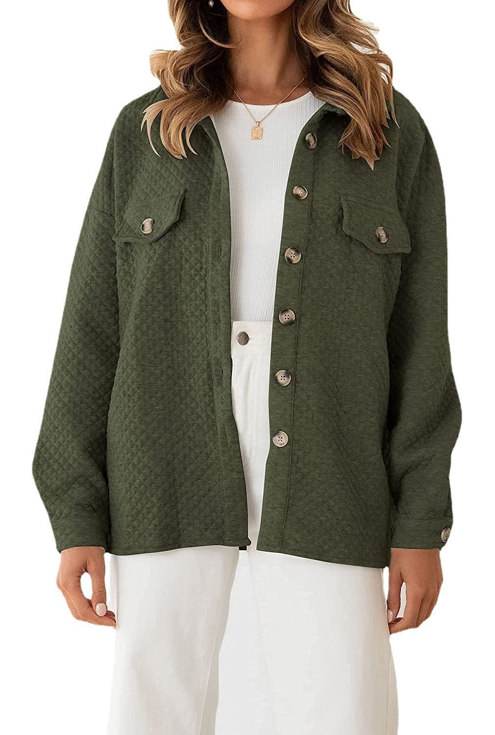 Women's quilted shirt jacket with boxy oversized fit and patch chest pockets Fashion Glam