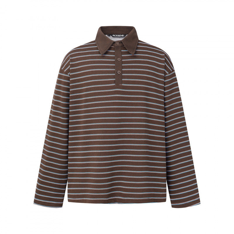 Unisex Long Sleeve Polo Shirt in Oversized Cut made from Cotton Jersey with Stripes and Henley Button Placket Fashion Glam