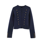 Women's Cropped Military Blazer Jacket with Stand Collar, Decorative Trim and Gold Buttons Fashion Glam