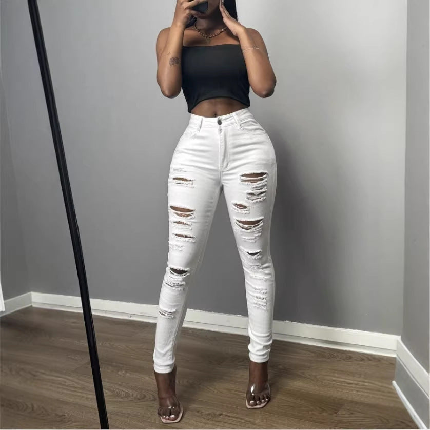Women's High-Waisted Skinny Jeans with Asymmetrical Destruction Look and Shaping Waistband Fashion Glam