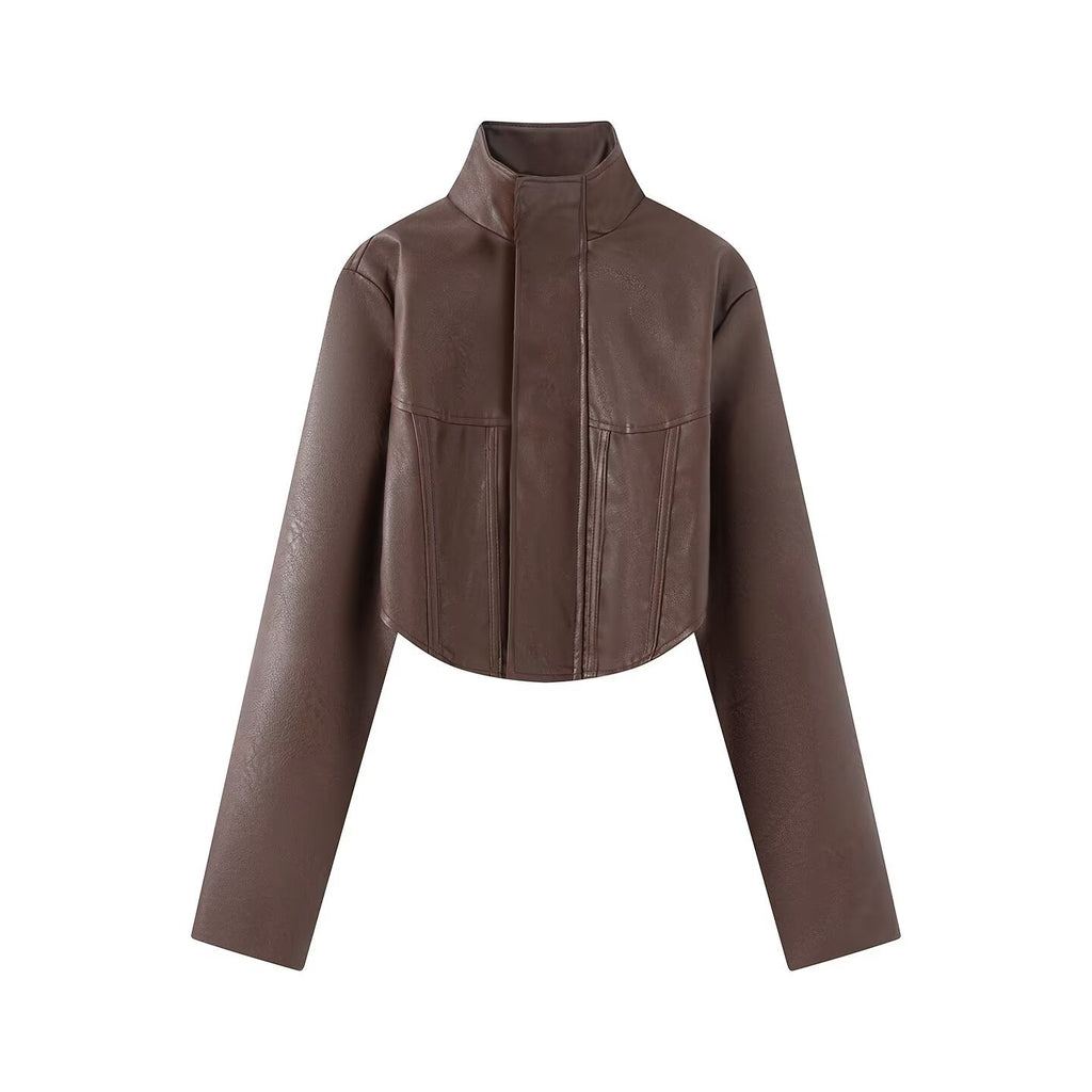 Women's Cropped Faux Leather Jacket with Stand-Up Collar and Tailored Seams Fashion Glam
