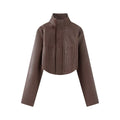 Women's Cropped Faux Leather Jacket with Stand-Up Collar and Tailored Seams Fashion Glam