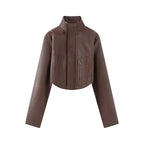 Women's Cropped Faux Leather Jacket with Stand-Up Collar and Tailored Seams Fashion Glam
