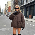 Women's Oversized Quilted Jacket with High Stand Collar and Waist Belt Fashion Glam
