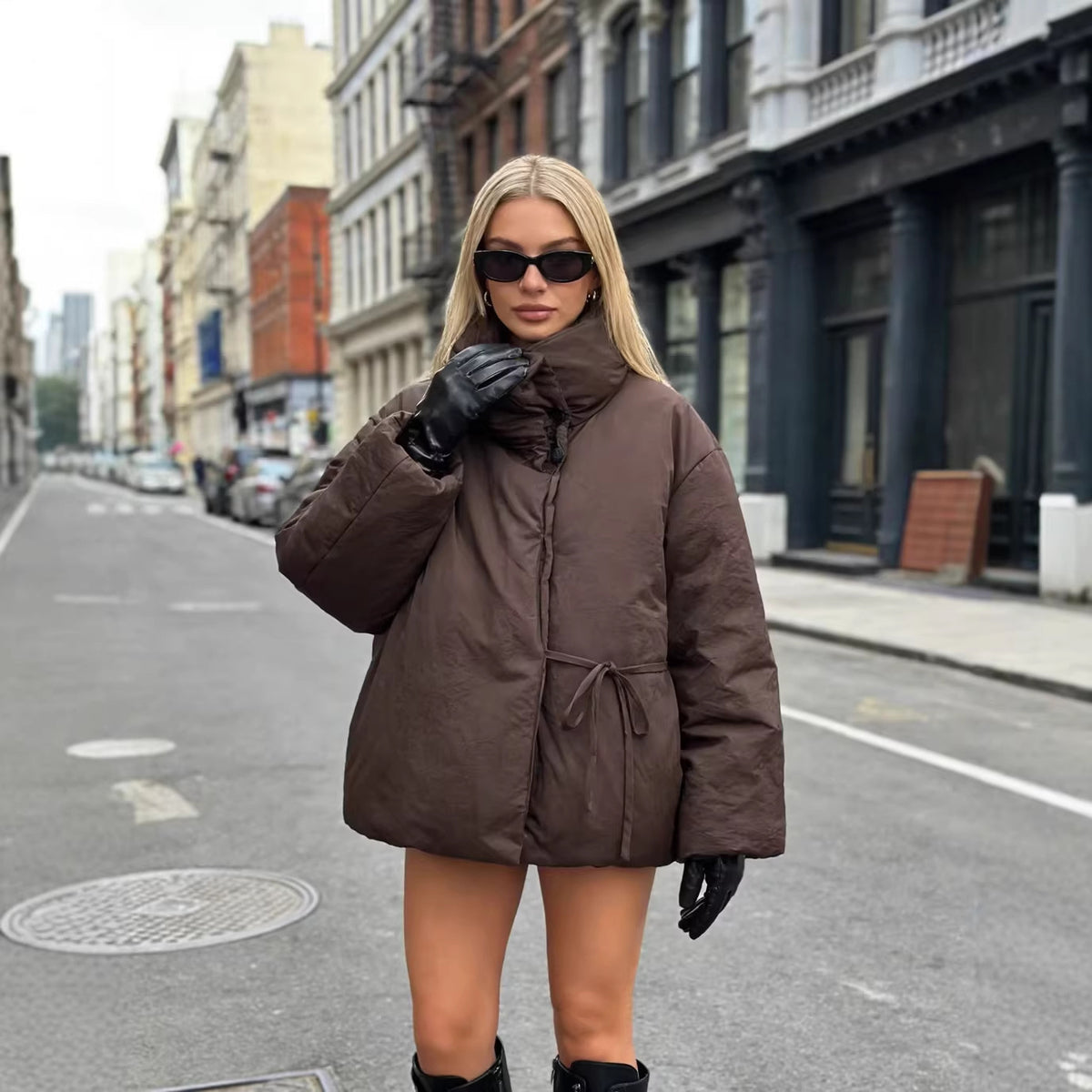 Women's Oversized Quilted Jacket with High Stand Collar and Waist Belt Fashion Glam