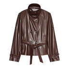 Women tailored faux leather jacket with stand-up collar, tie belt and double-breasted button placket Fashion Glam