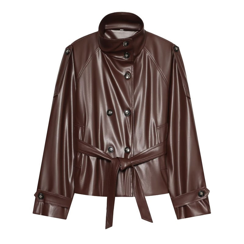 Women tailored faux leather jacket with stand-up collar, tie belt and double-breasted button placket Fashion Glam